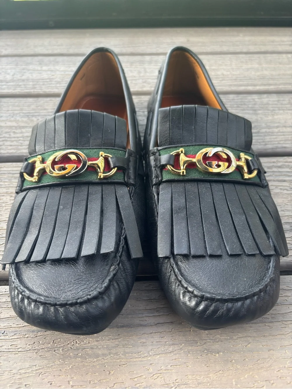 Gucci Men’s Black Leather Kiltie Fringe Driving Loafers